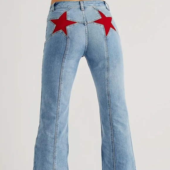 boho denim red star Firecracker bell  jean - Picture 2 of 3